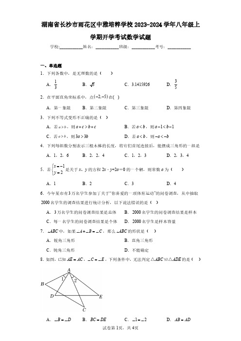 湖南省长沙市雨花区中雅培粹学校2023-2024学年八年级上学期开学考试数学试题(含答案解析)