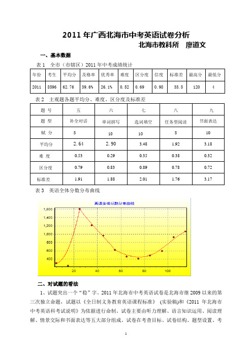 2011年北海市中考英语试卷分析doc - 北海市教育局