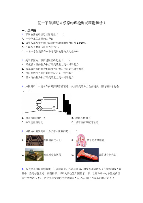 初一下学期期末模拟物理检测试题附解析1