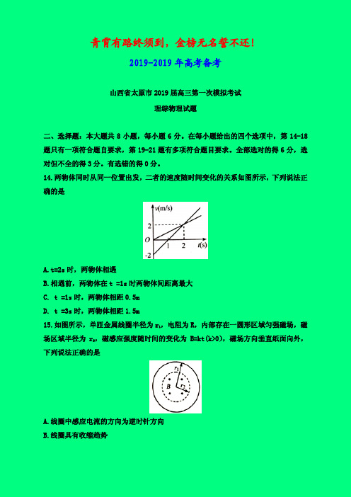 2019-2020年太原一模：山西省太原市2019届高三第一次模拟考试理综物理试题-附答案精品