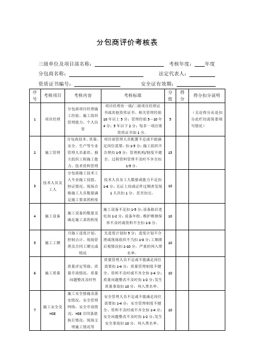 分包商评价考核表