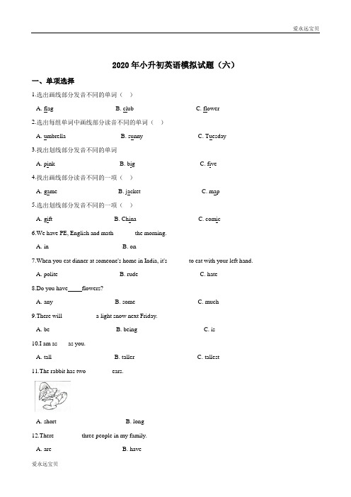 2020年小升初英语模拟试题(六) (开心英语) (粤人版含答案)