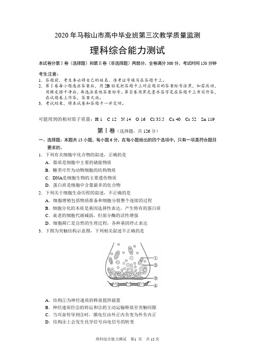 安徽省马鞍山市2020届高三毕业班第三次教学质量监测(三模)理科综合试题