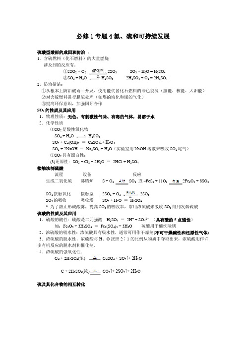 必修1专题4 氮、硫和可持续发展知识汇总