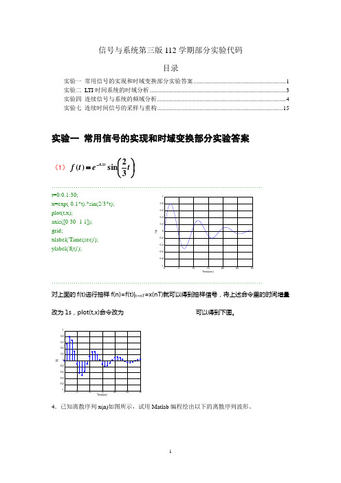 信号与系统部分实验matlab代码-供参考辩析