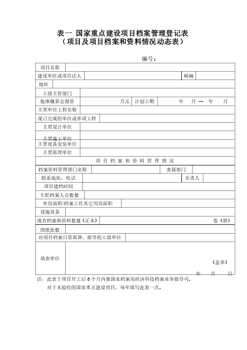 国家重点建设项目档案管理登记表