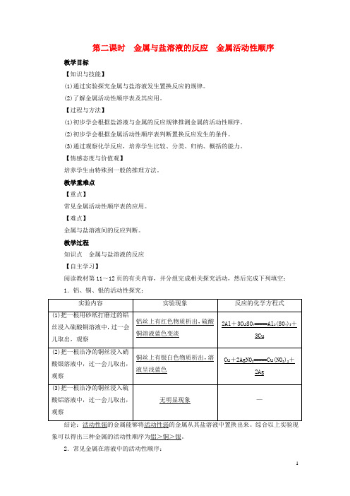 2019届九年级化学下册第8单元课题2第2课时金属与盐溶液的反应金属活动性顺序教案