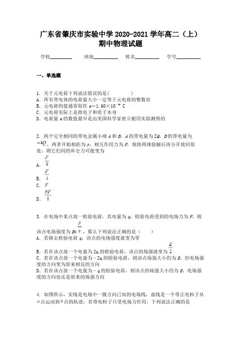 广东省肇庆市实验中学2020-2021学年高二(上)期中物理试题