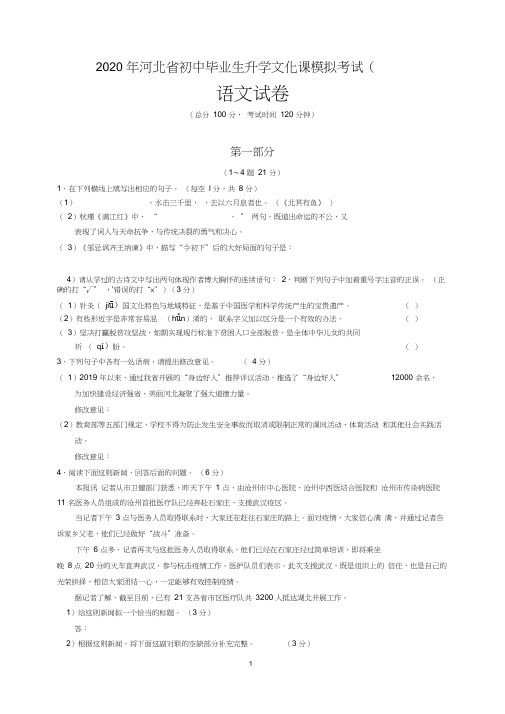 2020年河北省中考模拟考试(一)语文试题及参考答案与解析(word版)