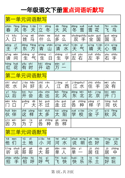 2.3一年级语文下册重点词语听默写