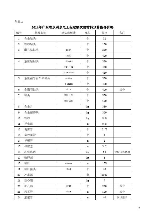 广东省水利水电工程次要材料价格信息文件(2014年)