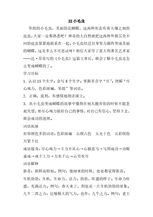 最新部编人教版二年级语文下册22、小毛虫教案(教学设计、导学案)