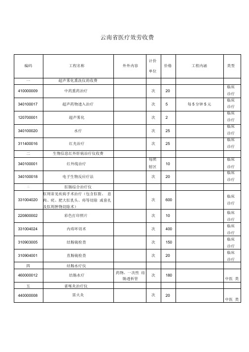 云南省医疗服务收费项目