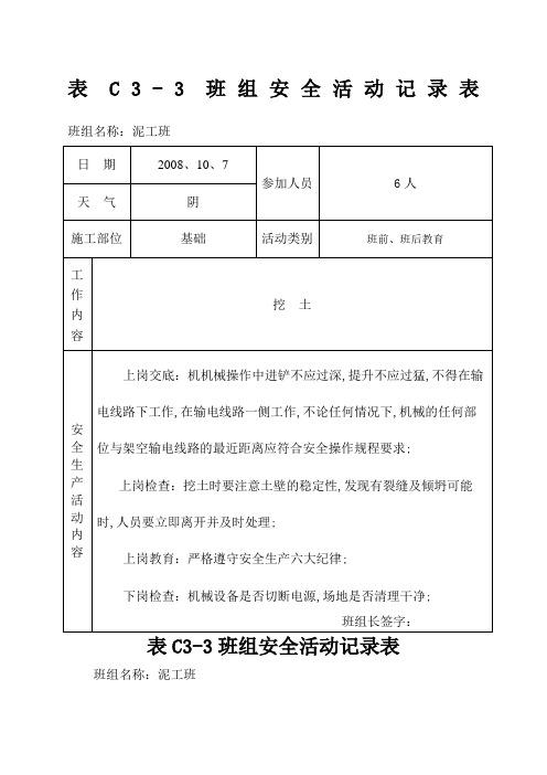 班组安全活动记录表