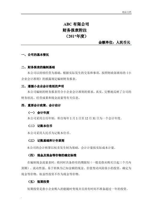 报表附注模版(小企业会计准则)