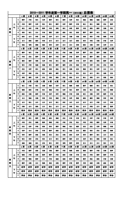 20102011学年度第一学期高一(2010级)总课表