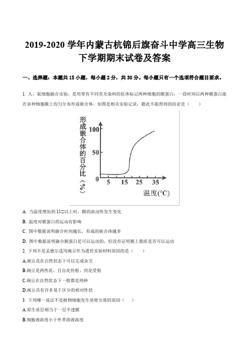 2019-2020学年内蒙古杭锦后旗奋斗中学高三生物下学期期末试卷及答案