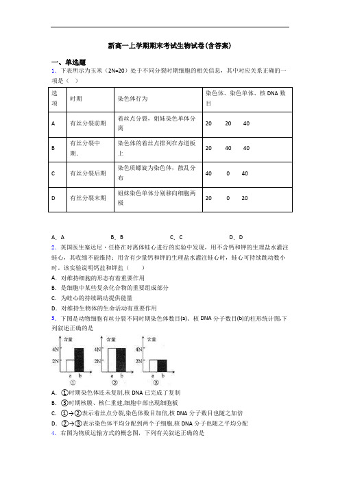 新高一上学期期末考试生物试卷(含答案)