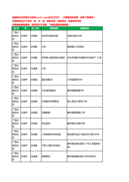 2020新版广西壮族自治区北海市合浦县鞋工商企业公司商家名录名单黄页联系电话号码地址大全66家