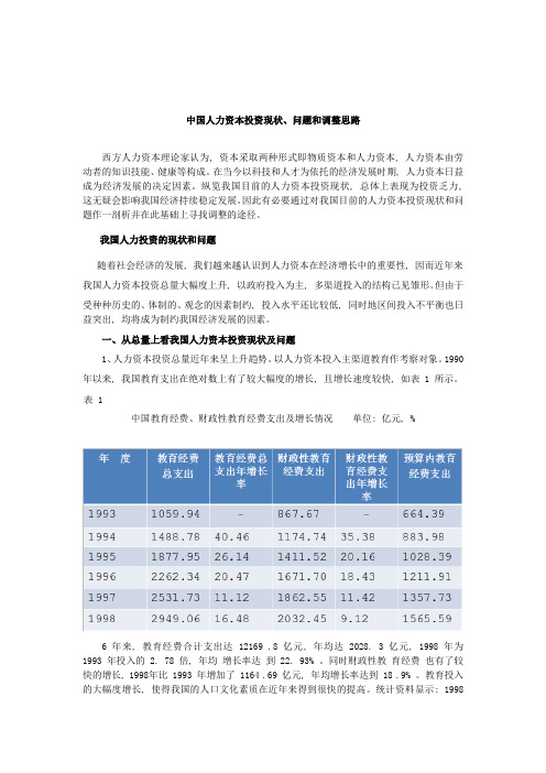 中国人力资本投资现状和调整思路