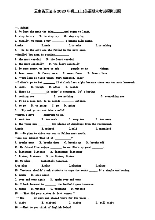 云南省玉溪市2020年初二(上)英语期末考试模拟试题