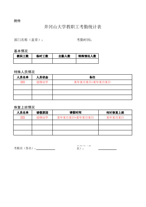 井冈山大学教职工考勤统计表