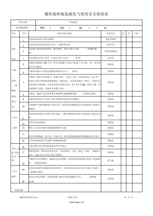 餐饮场所瓶装液化气使用安全排查表