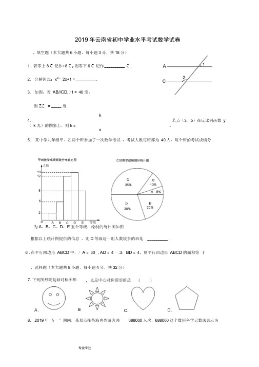 2019年云南省初中学业水平考试数学试题卷(附答案解析)