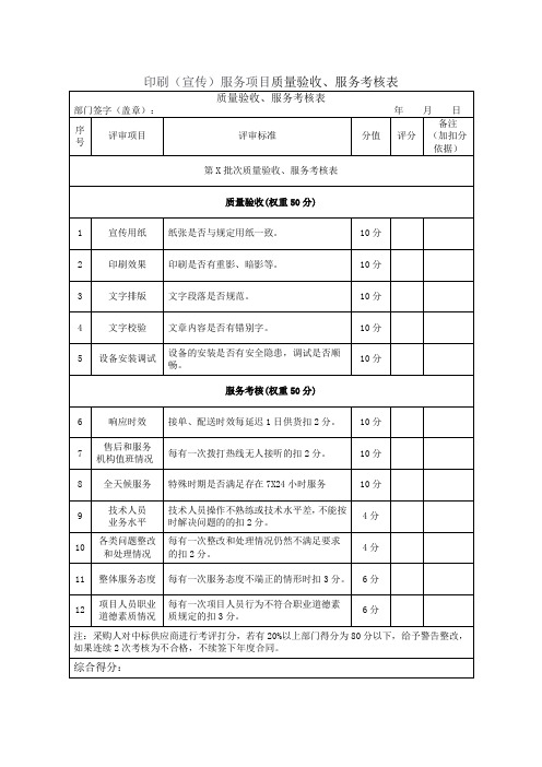 印刷(宣传)服务项目质量验收、服务考核表