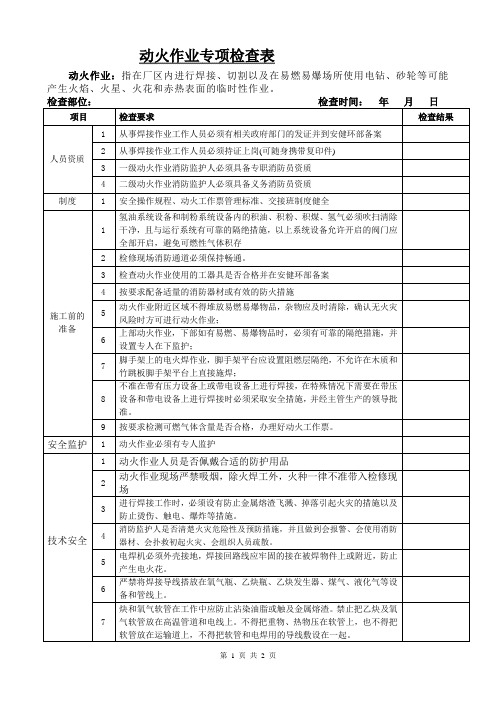 动火作业检查表