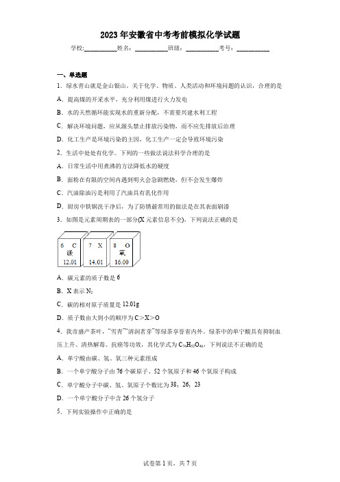 2023年安徽省中考考前模拟化学试题