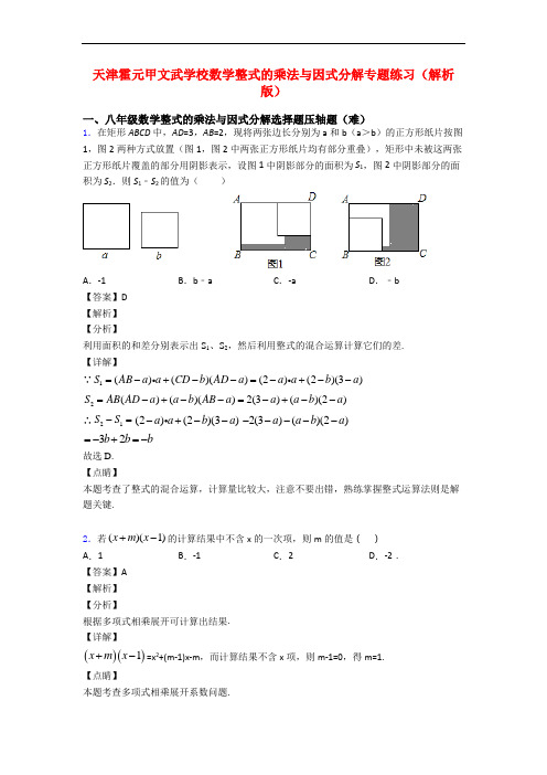 天津霍元甲文武学校数学整式的乘法与因式分解专题练习(解析版)