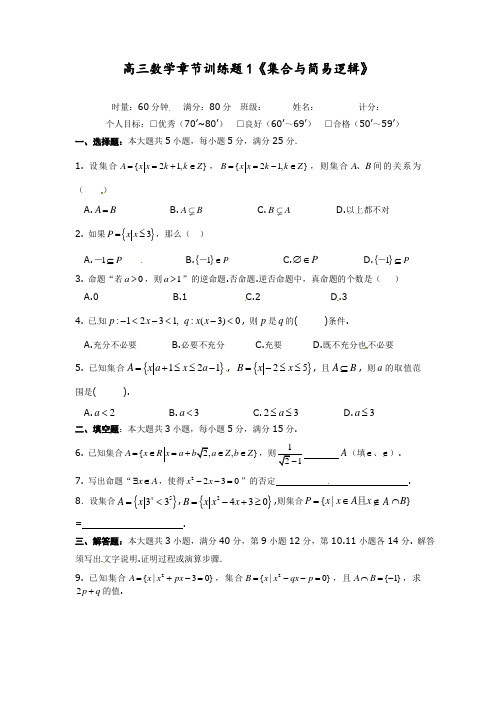 高中数学分章节训练试题:1集合与简易逻辑