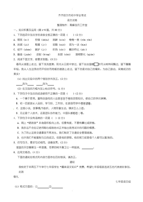 2020届中考模拟黑龙江省齐齐哈尔市中考语文模拟试题(含参考答案) (2)