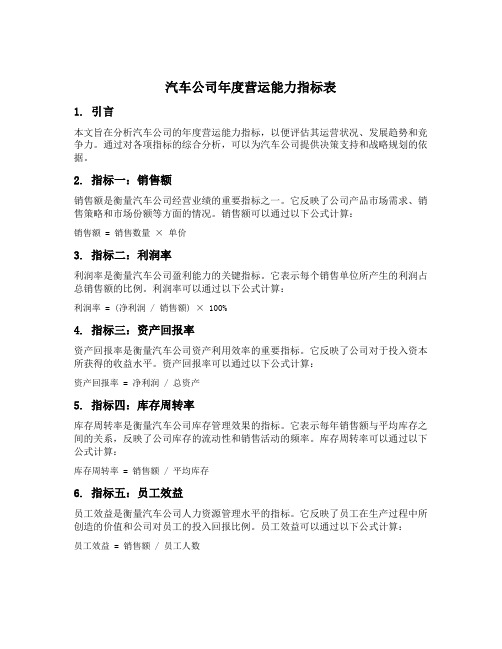 汽车公司年度营运能力指标表