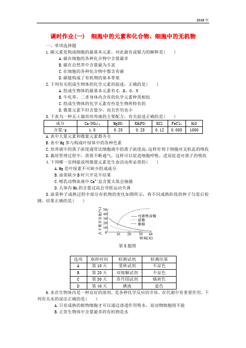 (江苏专用)2019年高考生物一轮总复习 课时作业(一)细胞中的元素和化合物、细胞中的无机物