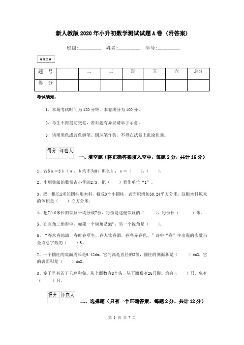 新人教版2020年小升初数学测试试题A卷 (附答案)