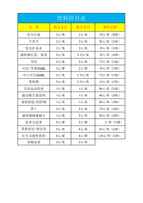 饮料价格表