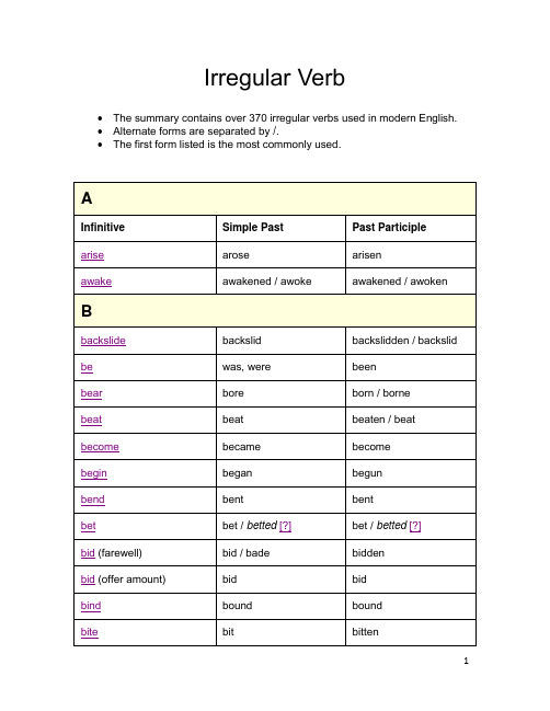 Irregular Verbs - 英语中常用不规则动词大全