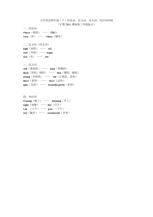 小学英语四年级(下)同音词、近义词、反义词、对应词归纳