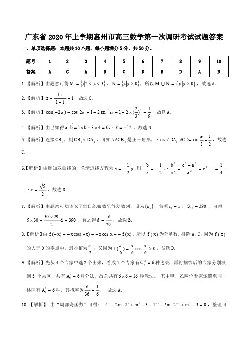 广东省2020年上学期惠州市高三数学第一次调研考试试题答案