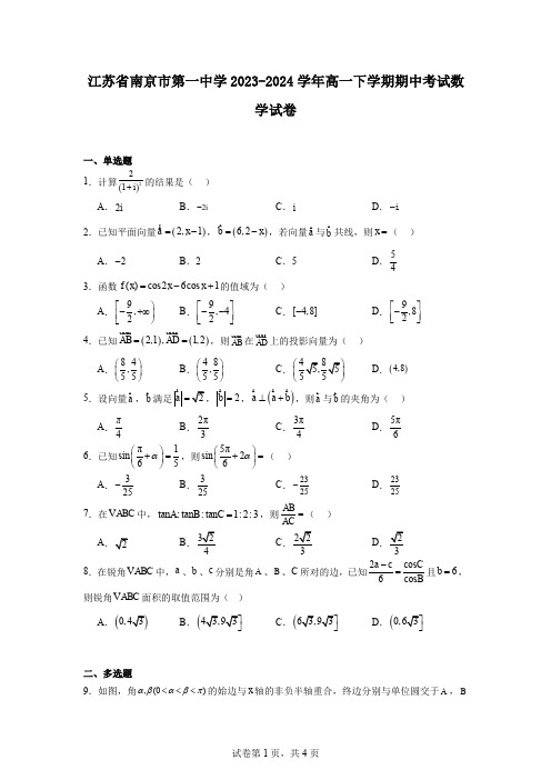 江苏省南京市第一中学2023-2024学年高一下学期期中考试数学试卷