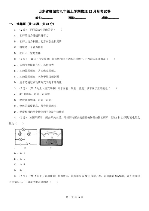 山东省聊城市九年级上学期物理12月月考试卷