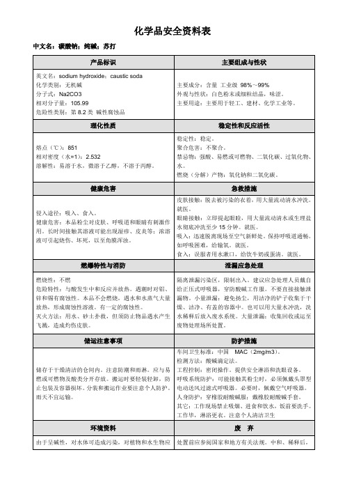 化学品安全说明：msds-001纯碱