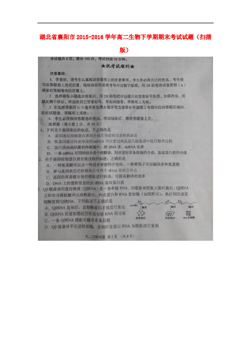 湖北省襄阳市高二生物下学期期末考试试题(扫描版)