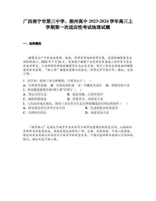 广西南宁市第三中学、柳州高中2023-2024学年高三上学期第一次适应性考试地理试题