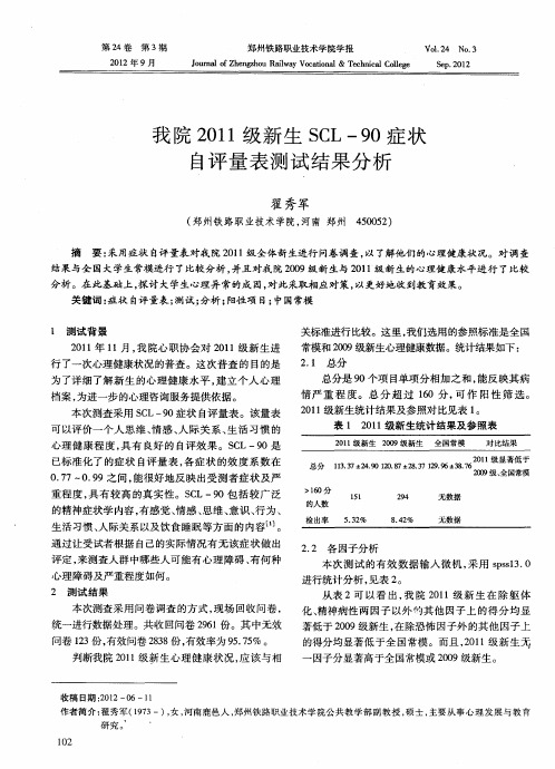 我院2011级新生SCL-90症状自评量表测试结果分析