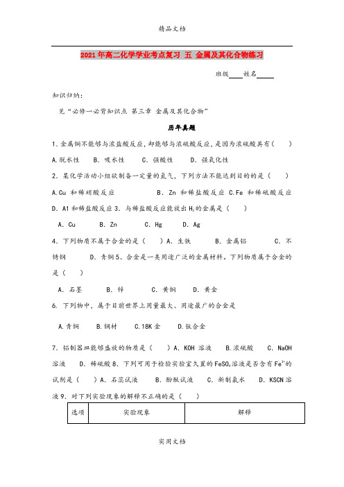 2021年高二化学学业考点复习 五 金属及其化合物练习