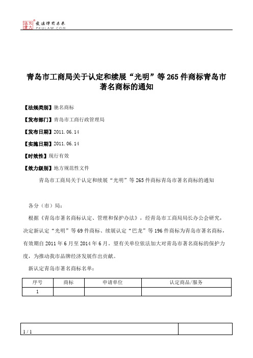 青岛市工商局关于认定和续展“光明”等265件商标青岛市著名商标的通知