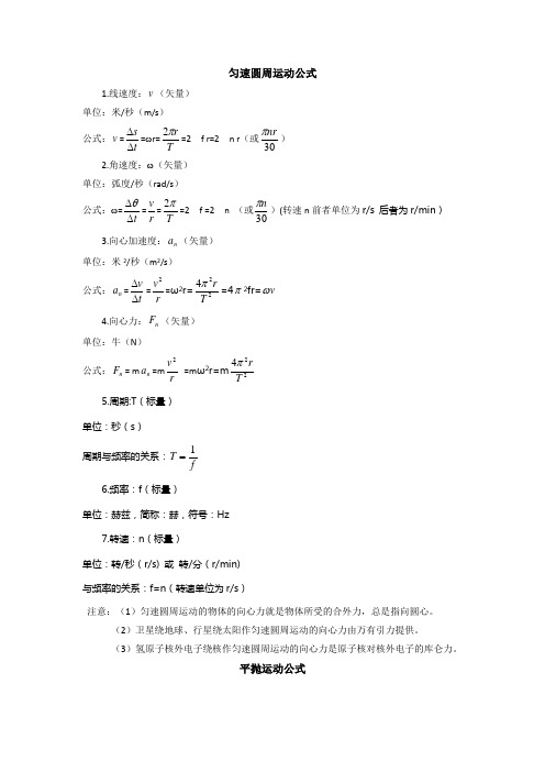 平抛、匀速圆周运动公式